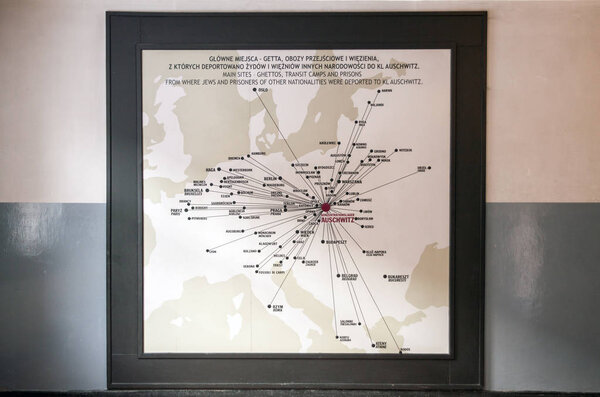 Auschwitz-Birkenau, Oswiecim, Poland, 3 march 2018; Museum Auschwitz map on wall. Main sites - ghettos, transit camps and prisons from where Jews and prisoners of other nationalities were deported to kl Auschwitz.