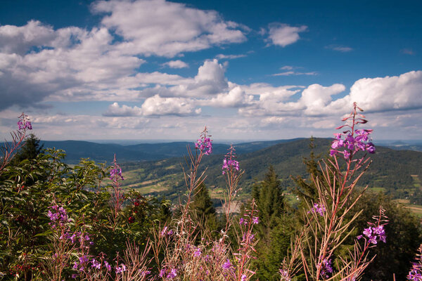 Info plate on the peak Lubon Wielki.View from the top of Lubon Wielki in Beskid Mountains. One of the lower peaks popular tourist destination with mountain chalet on top.
