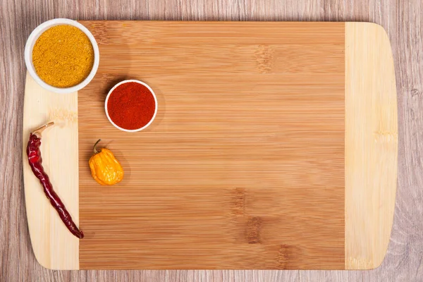 Hot Dried Peppers Sharp Spices Wooden Cutting Board Spicy Mexican — Stock Photo, Image