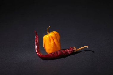 Red Hot Chili biber ve cehennem acı biber Habanero sarı siyah bir arka plan. Kurutulmuş sebze. Asya özel.