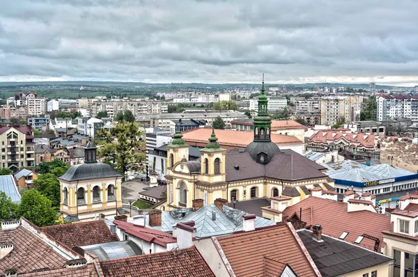 View of the city from the top of the town hall tower. Local sightseeing museum. Panorama over the whole city. Central viewpoint. — Stock Photo, Image