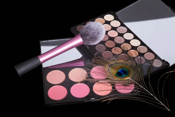 Groot Palet Van Eyeshadows Met Roze Poeder Penseel Het Gezicht — Stockfoto