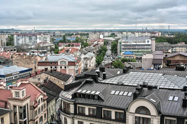 IWANO- FRANKIWSK, UKRAINE, View of the city from the top of the town hall tower. Local sightseeing museum. Panorama over the whole city. Central viewpoint. — Stock Photo, Image