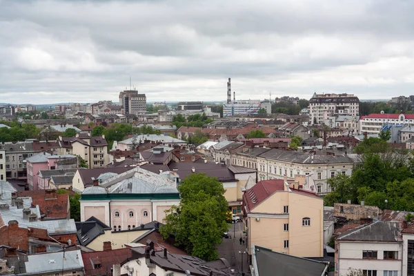 IWANO- FRANKIWSK, UKRAINE, View of the city from the top of the town hall tower. Local sightseeing museum. Panorama over the whole city. Central viewpoint. — Stock Photo, Image