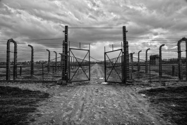 Oswiecim, Polonya; Müze Auschwitz - Birkenau. Holokost Müzesi. Dikenli tel ve fance çevresinde bir toplama kampı. Yan girişe toplama kampı.
