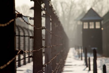 Auschwitz, Polonya - 23 Şubat 2018; Müze Auschwitz - Holokost Müzesi. Dikenli telle bir toplama kampı. İçinde belgili tanımlık geçmiş nöbet tutacak.