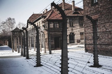 Auschwitz, Polonya - 28 Ocak 2018; Müze Auschwitz - Birkenau. Dikenli telle bir toplama kampı ve gözetleme kulesi.