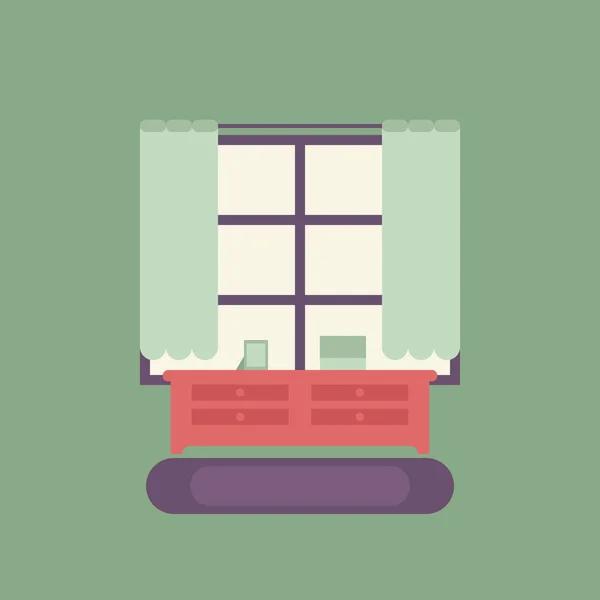 Ventana vectorial y cortinas. Una mesita de noche en piso . — Vector de stock