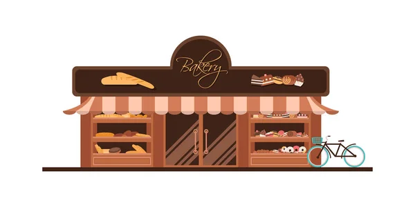 Fachada de panadería. Escaparate con dulces. Pasteles y pan . — Vector de stock