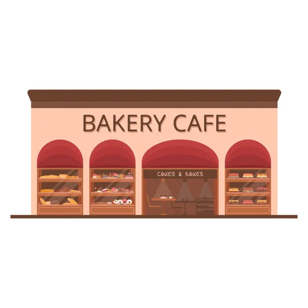 Backhausfassade. Vitrine mit Süßigkeiten. Kuchen und Brot. flacher Vektor — Stockvektor