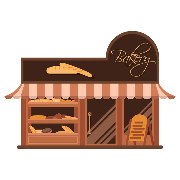 Fachada de panadería. Escaparate con dulces. Pasteles y pan. Vector plano — Archivo Imágenes Vectoriales