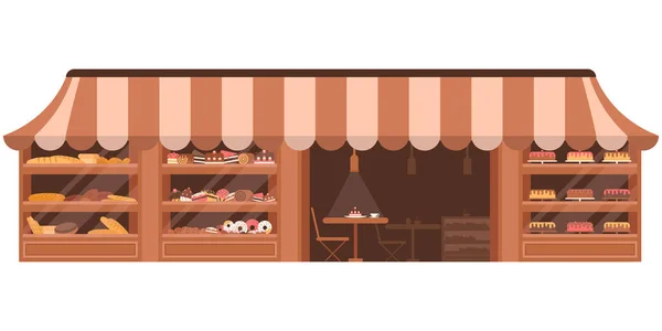 Fachada de panadería. Escaparate con dulces. Pasteles y pan. Vector plano esp10 — Vector de stock