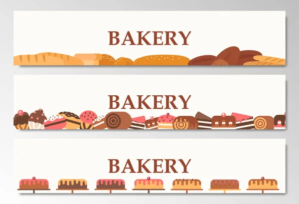 Horizontal bakery banners. Baking, bread and cakes. Vector flat — Stock Vector