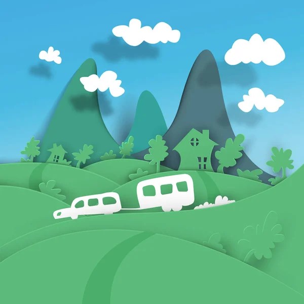 A trip to the mountains for the weekend with the family. Vector paper art — Free Stock Photo