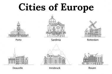 Avrupa, Innsbruck, Sardunya, Rotterdam, Deauville, Rouen, Porto kenti. Avrupa evleri. Farklı boyutlarda ve yapılar. Avrupa düz çizgiler vektörde eski evleri