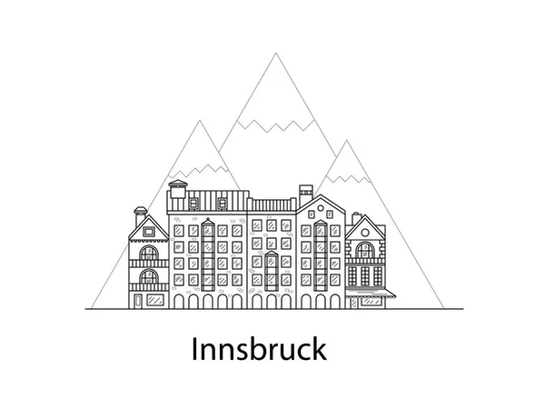 La ville d'Innsbruck. Maisons européennes. Différentes tailles et constructions. Vieilles maisons d'Europe Vecteur plat en lignes — Image vectorielle