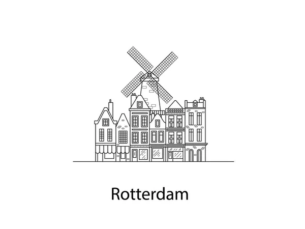 A cidade de Roterdão. Casas europeias. Diferentes tamanhos e construções. Casas antigas da Europa Vetor plano em linhas —  Vetores de Stock