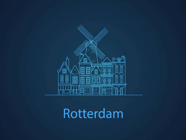 La città di Rotterdam. Case europee. Diverse dimensioni e costruzioni. Vettore piatto in righe Vecchie case d'Europa — Vettoriale Stock