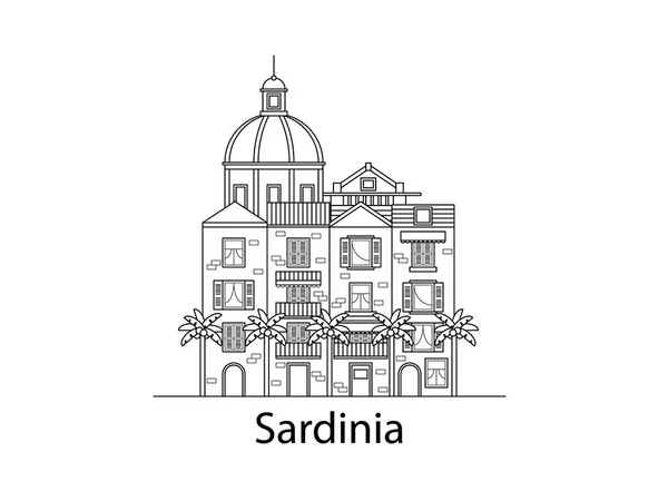 La isla de Cerdeña. Casas europeas. Diferentes tamaños y construcciones. Casas antiguas de Europa Vector plano en líneas — Vector de stock