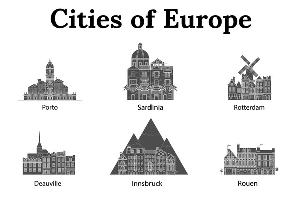 La città d'Europa, Innsbruck, Sardegna, Rotterdam, Deauville, Rouen, Porto. Case europee. Diverse dimensioni e costruzioni. Vettore piatto in righe Vecchie case d'Europa — Vettoriale Stock