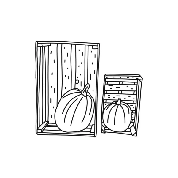 Bannière plate citrouille dans une boîte en bois, dessin animé . — Image vectorielle