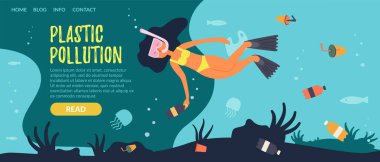 Düz afiş. Plastik kirliliği, çizgi film.