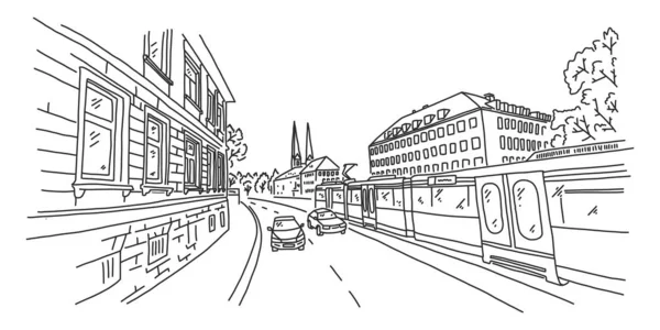 Bielefeld, pohled na ulici města, náčrt ilustrace. — Stockový vektor
