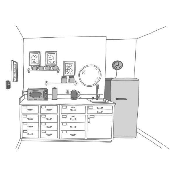 Comfortabel keukeninterieur in klein appartement. — Stockvector