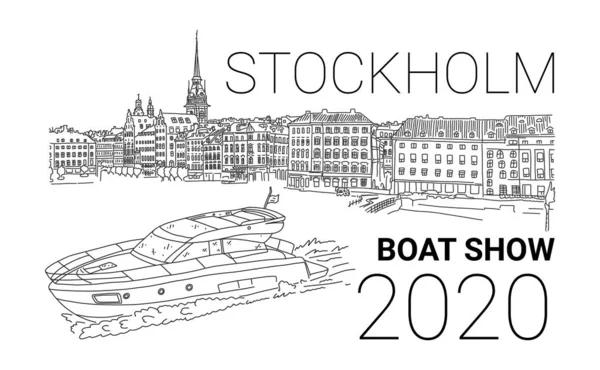 Intressant händelse stockholms båtutställning 2020 skiss. — Stock vektor