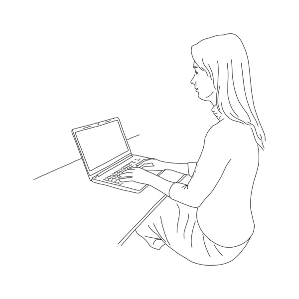 Masada Oturup Dizüstü Bilgisayarla Çalışan Hoş Bir Kız Kız Salgın — Stok Vektör