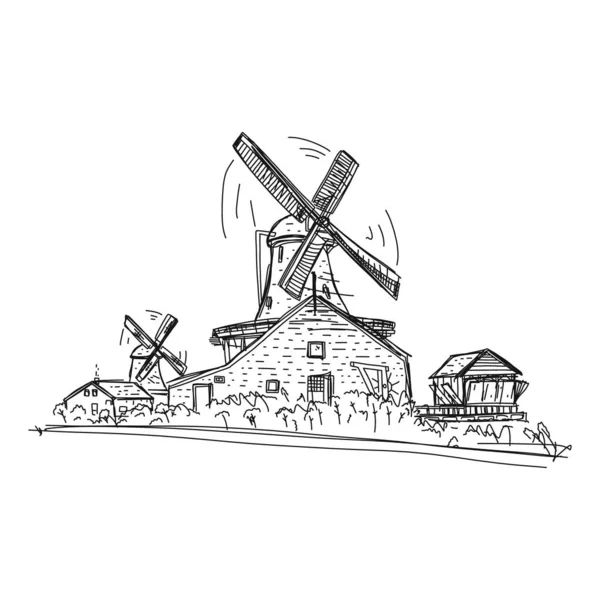 Вітряні Млини Відомих Полях Kinderdijk Роттердамі Старі Вітряки Нідерланди Навчіться — стоковий вектор