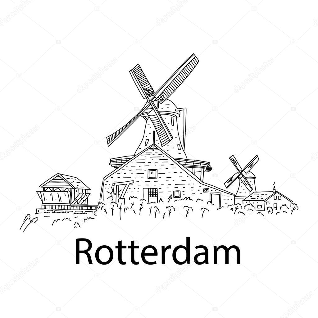 Dutch windmills in Rotterdam, vector illustration. Great shopping and entertainment. Ordering a professional guide. Tourist destination 2020. Eurovision Song Contest in Netherlands.