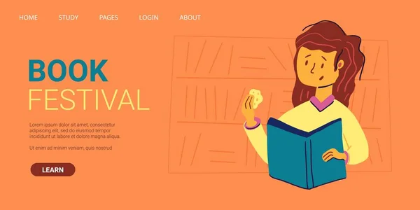 Meisje met stoffig boek geschreven, boekenfestival — Stockvector