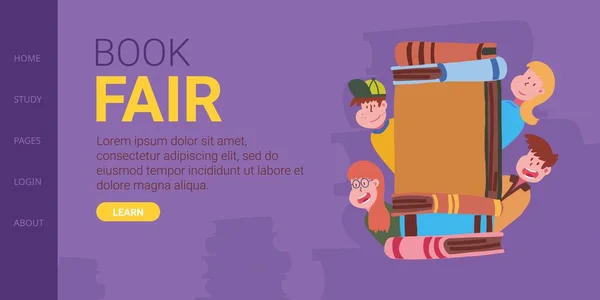 Kinderen kijken uit over boeken, geschreven boek Fair — Stockvector