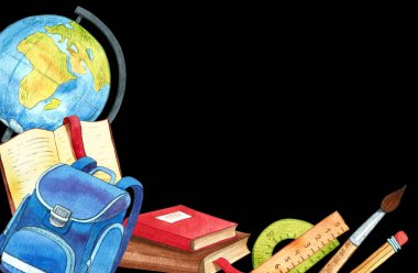 Okul malzemelerinin çerçevesi. El Karalamaları illüstrasyonu. Okula geri dön..