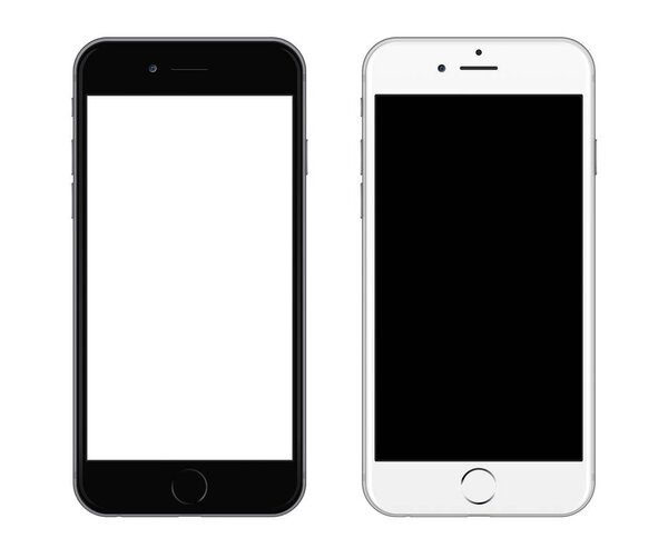 Черный смартфон возле белого смартфона изолирован на белом фоне
