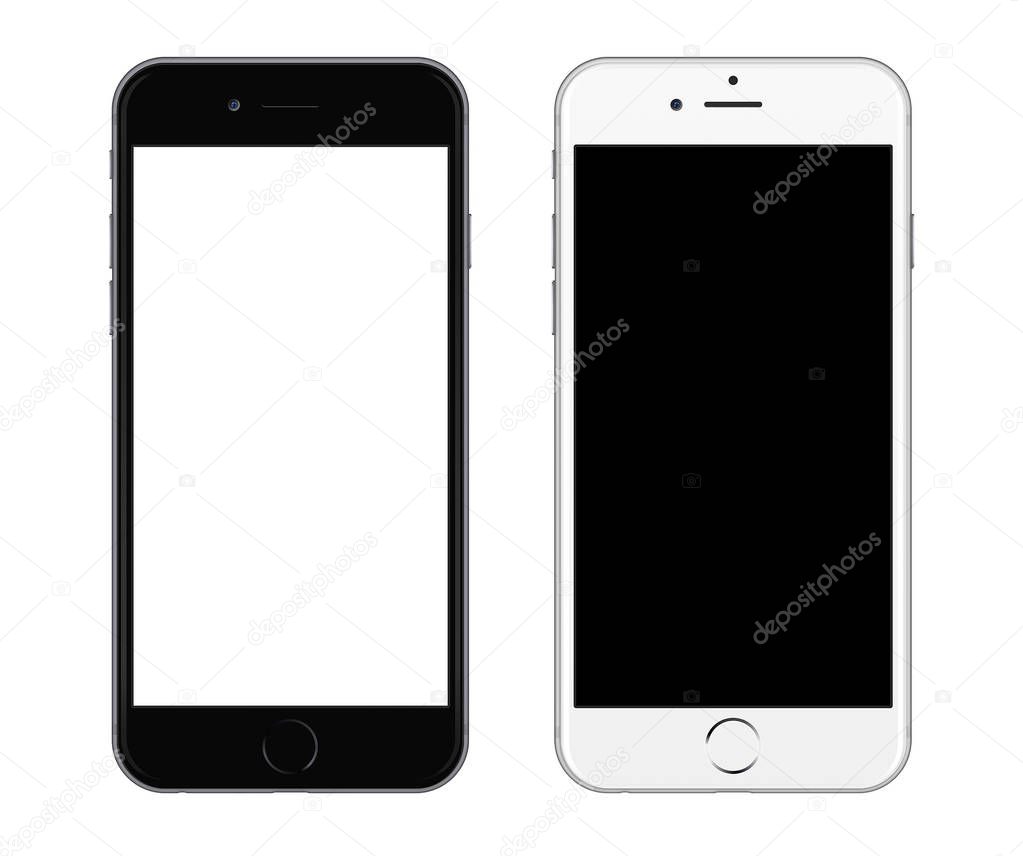 Black smartphone near white smartphone isolated on white background