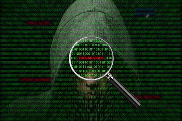 Hacker sobre una pantalla con código binario y mensajes de advertencia: Virus de Troya — Foto de Stock