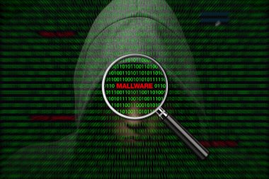 İkili kod ve mallware uyarı iletilerini içeren bir ekran üzerinde hacker