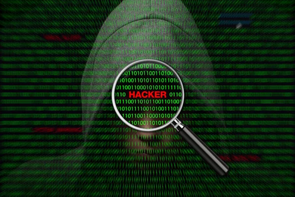 Хакер на экране с двоичным кодом и хакерскими предупреждениями — стоковое фото