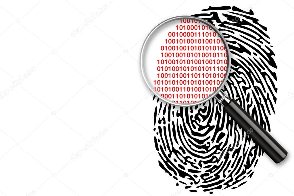 Fingerprint and magnifying glass above with personal information inside. Fingerprint as source of information about person