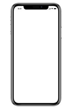 Gerçekçi beyaz ince Smartphone teknoloji ekran izole. Yeni sürüm. Önden Görünüm beyaz ekran ile. Yüksek detay aygıt Mockup ayrı gruplar ve Katmanlar. Kolayca düzenlenebilir vektör Eps 10.