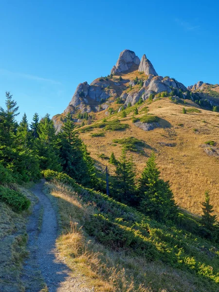 Vackert Morgonlandskap Med Stig Till Fjälltoppen — Stockfoto