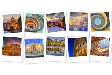 Fotoğraf kolajı Roma, İtalya 'dan. Kolezyum, Vatikan, müze fotoğrafları. Seyahat kavramı