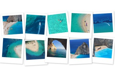 Fotoğraf kolajı Yunanistan. Yunan Adaları. Zakynthos, Marathonisi, Mavi Mağaralar, Navagio Plajı. Seyahat kavramı