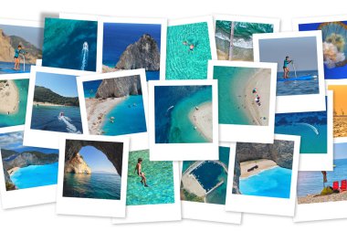 Fotoğraf kolajı Yunanistan. Yunan Adaları. Zakynthos, Marathonisi, Mavi Mağaralar, Navagio Plajı. Seyahat kavramı