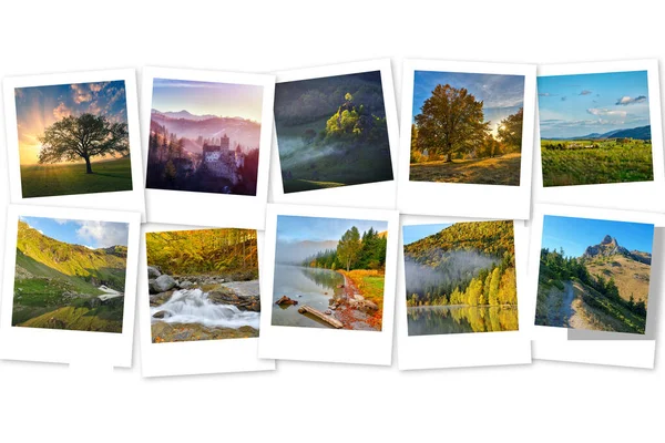 Photo Collage Nature Landscape Photos Mountains Lakes Trees Sunsets Photography — Stock Photo, Image