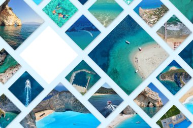 Fotoğraf kolajı Yunanistan. Yunan Adaları. Zakynthos, Marathonisi, Mavi Mağaralar, Navagio Plajı. Seyahat kavramı