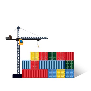 Kargo konteyner yük taşıma ve lojistik nakliye. Navlun sevkiyat, beyaz zemin üzerine yığılmış kargo konteyner izole çok renkli.
