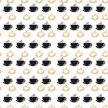 Düz ve anahat fincan kahve üzerinde beyaz bir arka plan ile Seamless modeli. Yinelenen doku vektör.